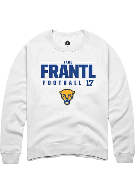 Jake Frantl Rally Mens White Pitt Panthers NIL Stacked Box Crew Sweatshirt