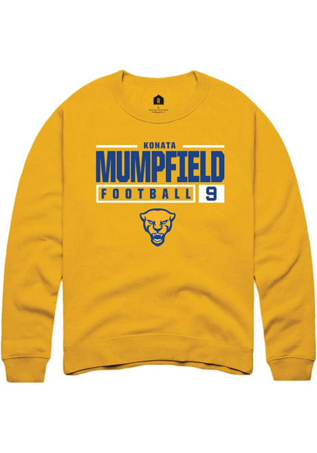 Konata Mumpfield Rally Mens Gold Pitt Panthers NIL Stacked Box Crew Sweatshirt