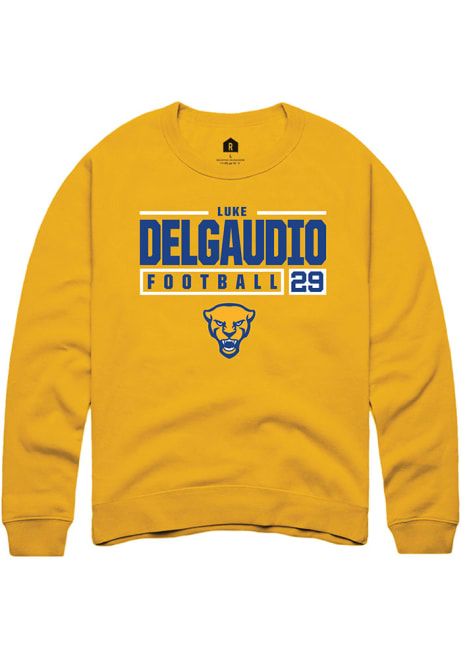 Luke DelGaudio Rally Mens Gold Pitt Panthers NIL Stacked Box Crew Sweatshirt