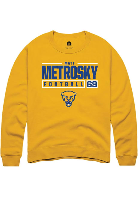 Matt Metrosky Rally Mens Gold Pitt Panthers NIL Stacked Box Crew Sweatshirt