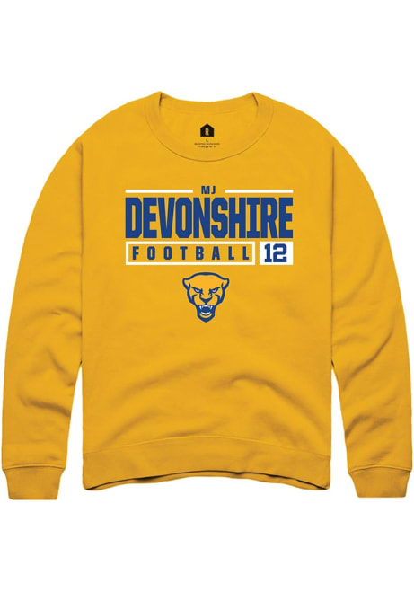 MJ Devonshire Rally Mens Gold Pitt Panthers NIL Stacked Box Crew Sweatshirt