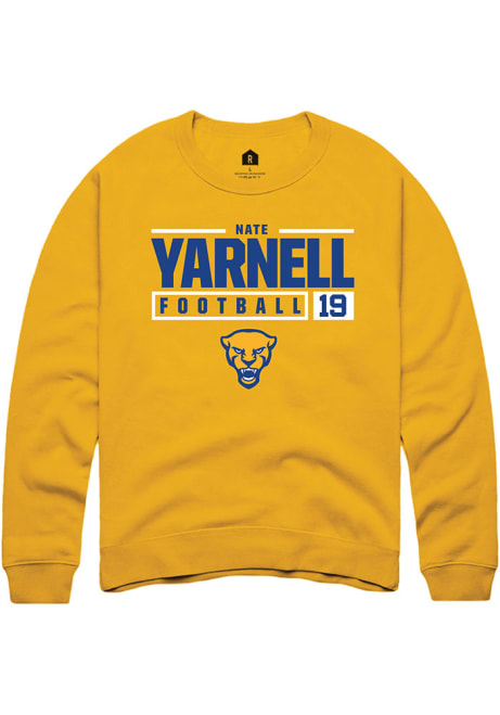 Nate Yarnell Rally Mens Gold Pitt Panthers NIL Stacked Box Crew Sweatshirt