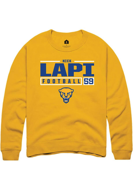 Nick Lapi Rally Mens Gold Pitt Panthers NIL Stacked Box Crew Sweatshirt