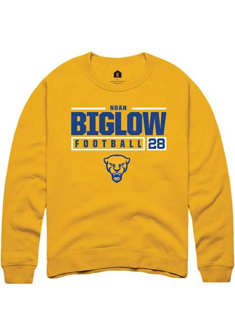 Noah Biglow Rally Mens Gold Pitt Panthers NIL Stacked Box Crew Sweatshirt