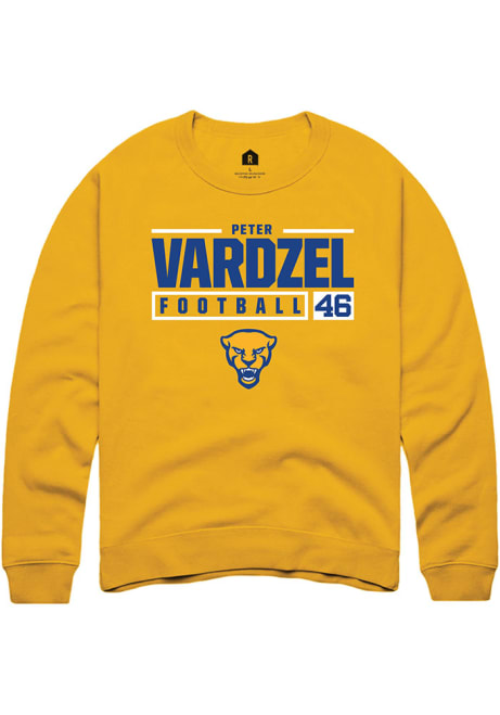 Peter Vardzel Rally Mens Gold Pitt Panthers NIL Stacked Box Crew Sweatshirt