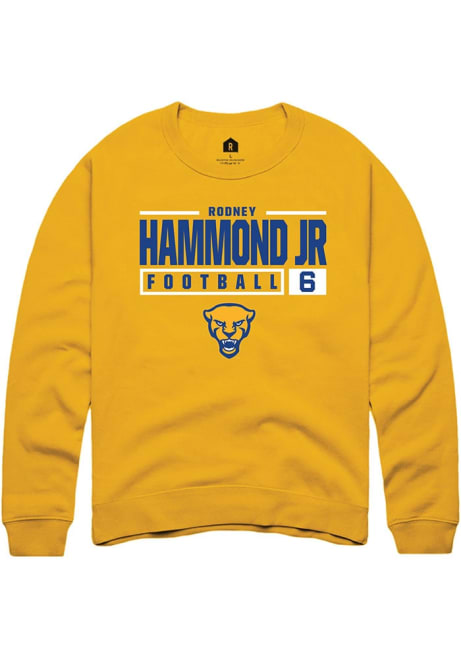 Rodney Hammond Jr. Rally Mens Gold Pitt Panthers NIL Stacked Box Crew Sweatshirt