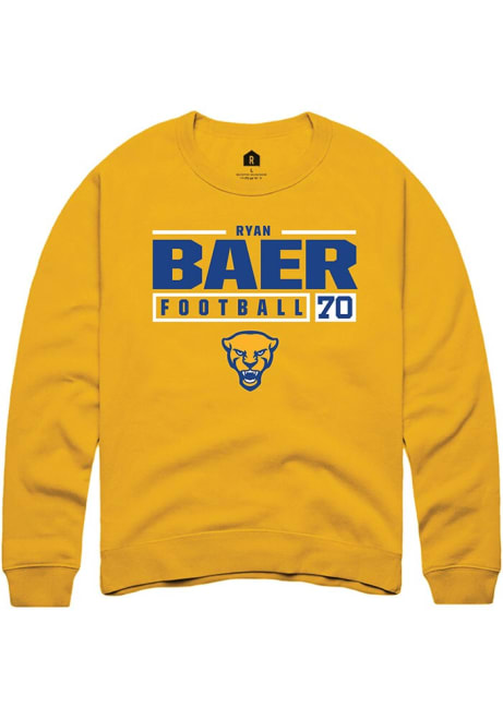 Ryan Baer Rally Mens Gold Pitt Panthers NIL Stacked Box Crew Sweatshirt