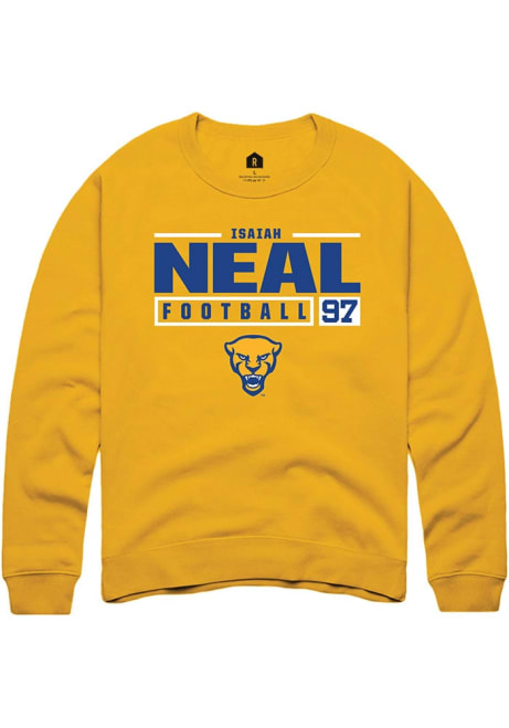 Isaiah Neal Rally Mens Gold Pitt Panthers NIL Stacked Box Crew Sweatshirt