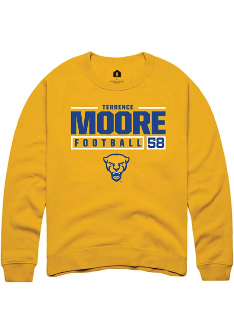 Terrence Moore Rally Mens Gold Pitt Panthers NIL Stacked Box Crew Sweatshirt