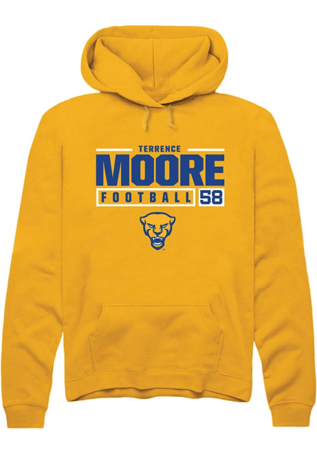 Terrence Moore Rally Mens Gold Pitt Panthers NIL Stacked Box Hooded Sweatshirt