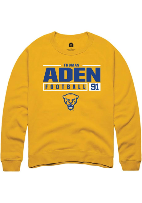 Thomas Aden Rally Mens Gold Pitt Panthers NIL Stacked Box Crew Sweatshirt