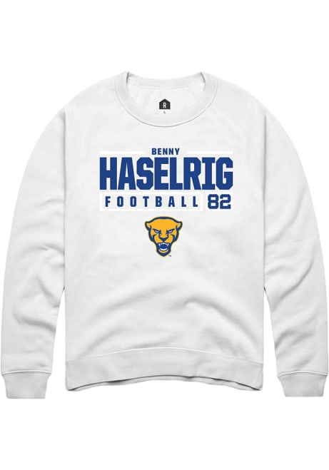 Benny Haselrig Rally Mens White Pitt Panthers NIL Stacked Box Crew Sweatshirt