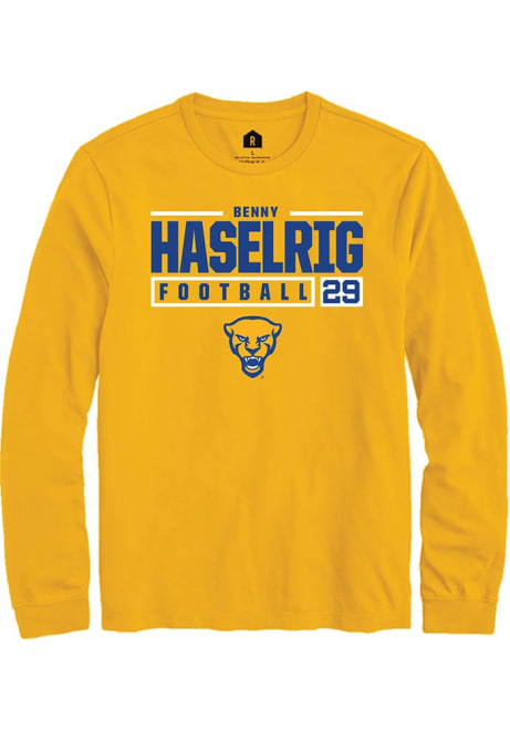 Benny Haselrig Rally Mens Gold Pitt Panthers NIL Stacked Box Tee