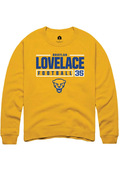 Braylan Lovelace Rally Mens Gold Pitt Panthers NIL Stacked Box Crew Sweatshirt