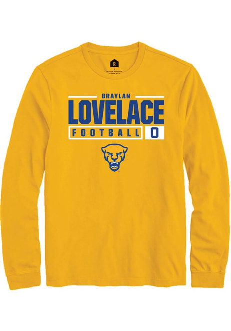 Braylan Lovelace Rally Mens Gold Pitt Panthers NIL Stacked Box Tee