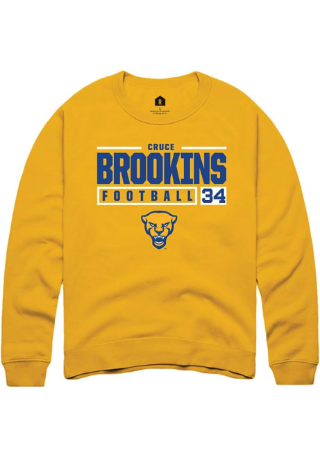 Cruce Brookins Rally Mens Gold Pitt Panthers NIL Stacked Box Crew Sweatshirt