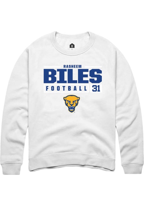 Rasheem Biles Rally Mens White Pitt Panthers NIL Stacked Box Crew Sweatshirt