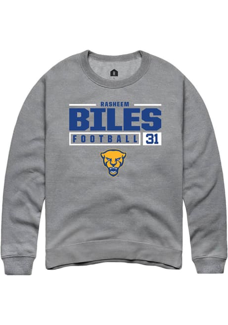 Rasheem Biles Rally Mens Graphite Pitt Panthers NIL Stacked Box Crew Sweatshirt