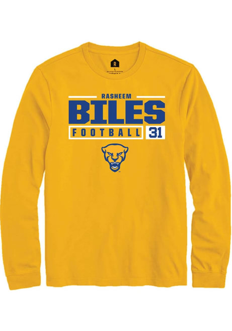 Rasheem Biles Rally Mens Gold Pitt Panthers NIL Stacked Box Tee