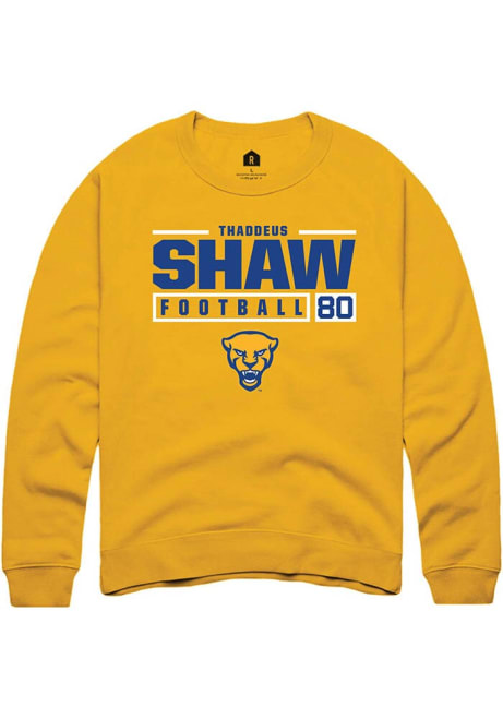 Thaddeus Shaw Rally Mens Gold Pitt Panthers NIL Stacked Box Crew Sweatshirt