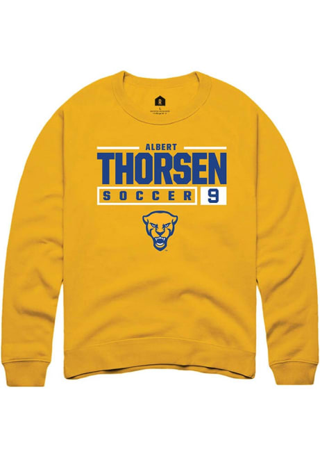 Albert Thorsen Rally Mens Gold Pitt Panthers NIL Stacked Box Crew Sweatshirt