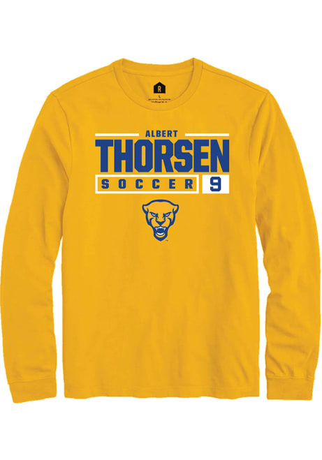 Albert Thorsen Rally Mens Gold Pitt Panthers NIL Stacked Box Tee