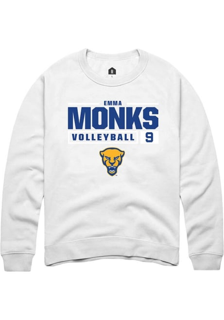 Emma Monks Rally Mens White Pitt Panthers NIL Stacked Box Volleyball Crew Sweatshirt