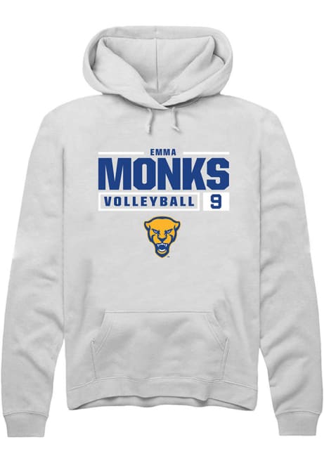 Emma Monks Rally Mens White Pitt Panthers NIL Stacked Box Volleyball Hooded Sweatshirt