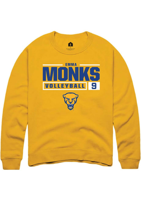 Emma Monks Rally Mens Gold Pitt Panthers NIL Stacked Box Volleyball Crew Sweatshirt