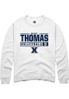 Main image for Quinci Thomas  Rally Xavier Musketeers Mens White NIL Stacked Box Long Sleeve Crew Sweatshirt