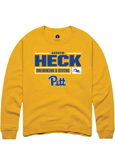 Andrew Heck Rally Mens Gold Pitt Panthers NIL Stacked Box Crew Sweatshirt