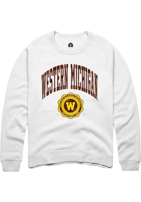 Mens Western Michigan Broncos White Rally Arch Seal Crew Sweatshirt