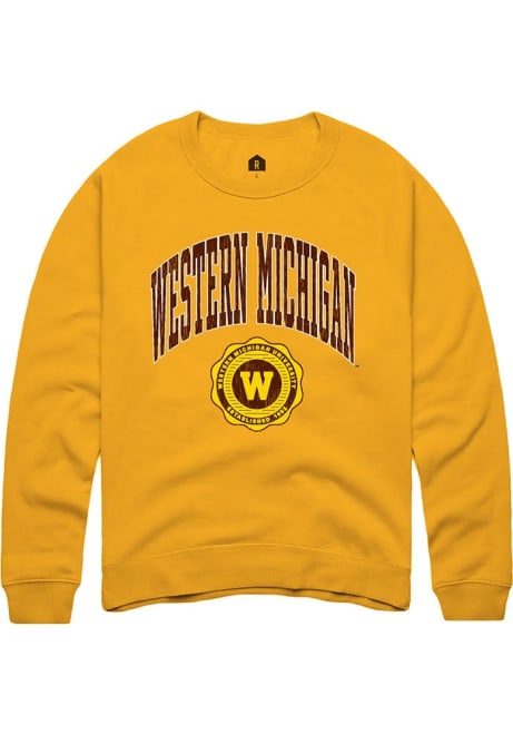 Mens Western Michigan Broncos Gold Rally Arch Seal Crew Sweatshirt