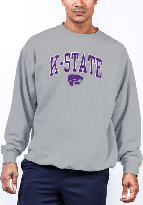 Mens Grey K-State Wildcats Arch Mascot Big and Tall Crew Sweatshirt