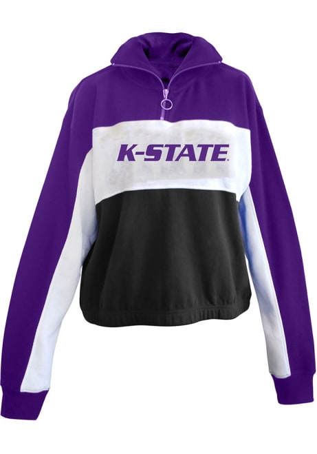 Womens White K-State Wildcats Colorblock + 1/4 Zip Pullover
