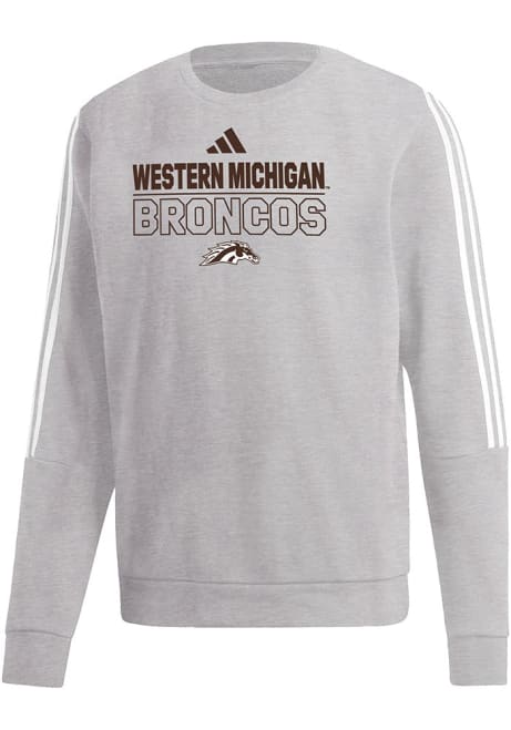 Mens Western Michigan Broncos Grey Adidas Three Stripe Crew Sweatshirt