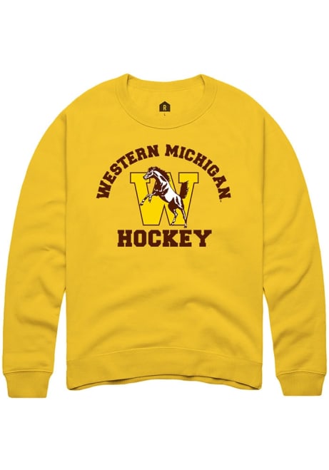 Mens Western Michigan Broncos Gold Rally No 1 Graphic with Hockey Crew Sweatshirt