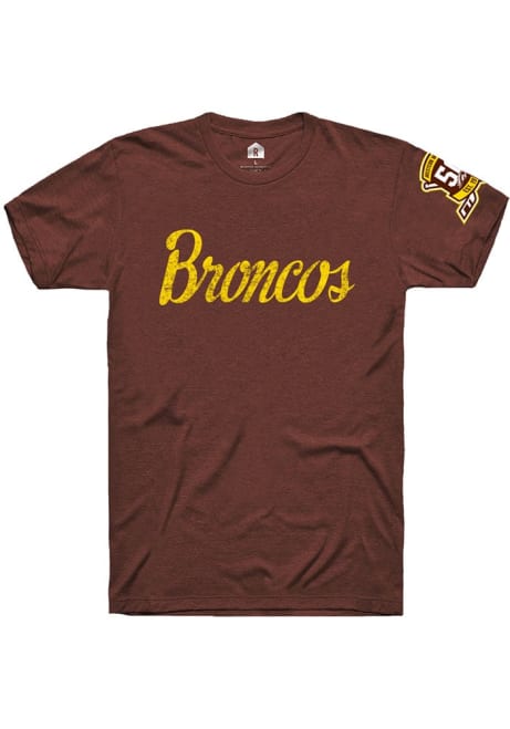 Western Michigan Broncos Brown Rally Script Team Name with Anniversary Patch Short Sleeve T Shirt