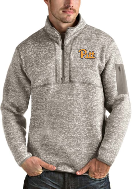 Mens Pitt Panthers Oatmeal Antigua Fortune Yellow Logo Qtr Zip Pullover