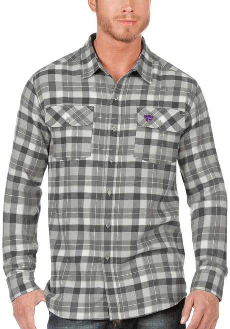 Mens K-State Wildcats Grey Antigua Ease Flannel Long Sleeve Dress Shirt