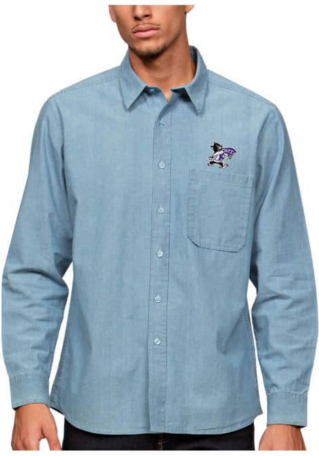 Mens K-State Wildcats Light Blue Antigua Chambray Long Sleeve Dress Shirt