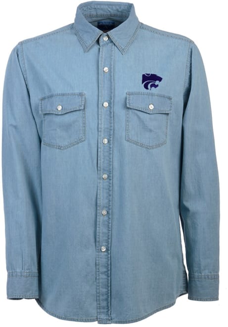 Mens K-State Wildcats Blue Antigua Chambray Long Sleeve Dress Shirt