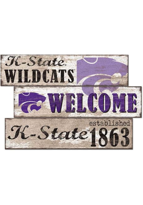 Purple K-State Wildcats Welcome 3 Plank Sign