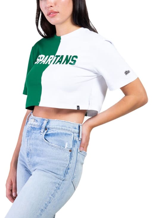 Hype and Vice Michigan State Spartans Womens Green Crop Two Tone Brandy Short Sleeve T-Shirt