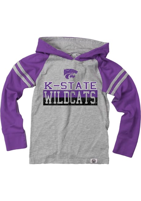 Youth K-State Wildcats Grey Wes and Willy Sleeve Stripe Stack Wordmark Long Sleeve Hooded Sweatshirt