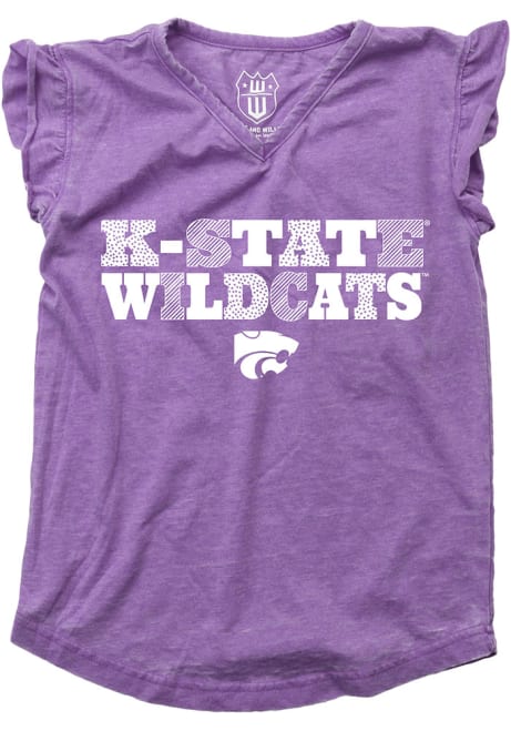 Girls K-State Wildcats Lavender Wes and Willy Ruffle Multi Font Short Sleeve Fashion T-Shirt