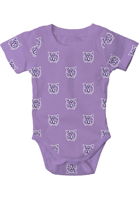 Baby K-State Wildcats Lavender Wes and Willy All Over Print Ratty Cat Short Sleeve One Piece