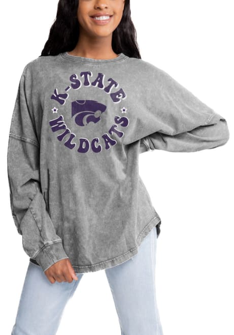 Womens K-State Wildcats Grey Gameday Couture Faded Wash LS Tee