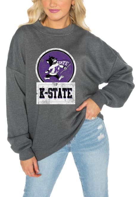 Womens K-State Wildcats Grey Gameday Couture Drop Shoulder Premium Fleece Crew Sweatshirt