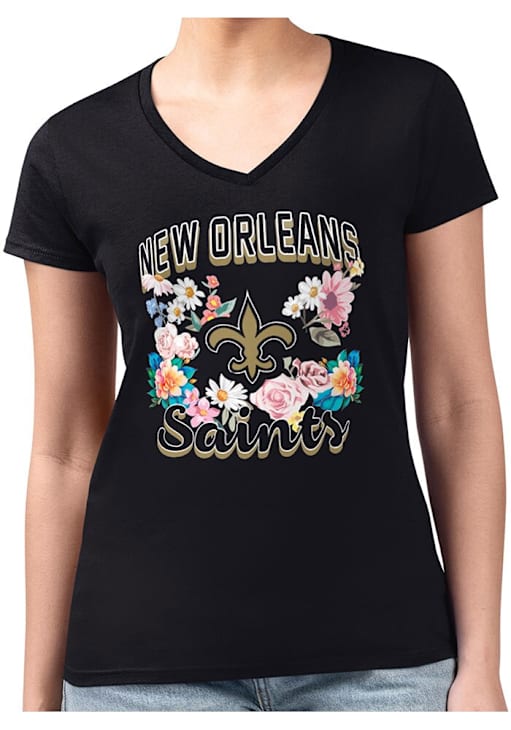 4Her New Orleans Saints Womens BLACK Flowers Fitted Design T-Shirt